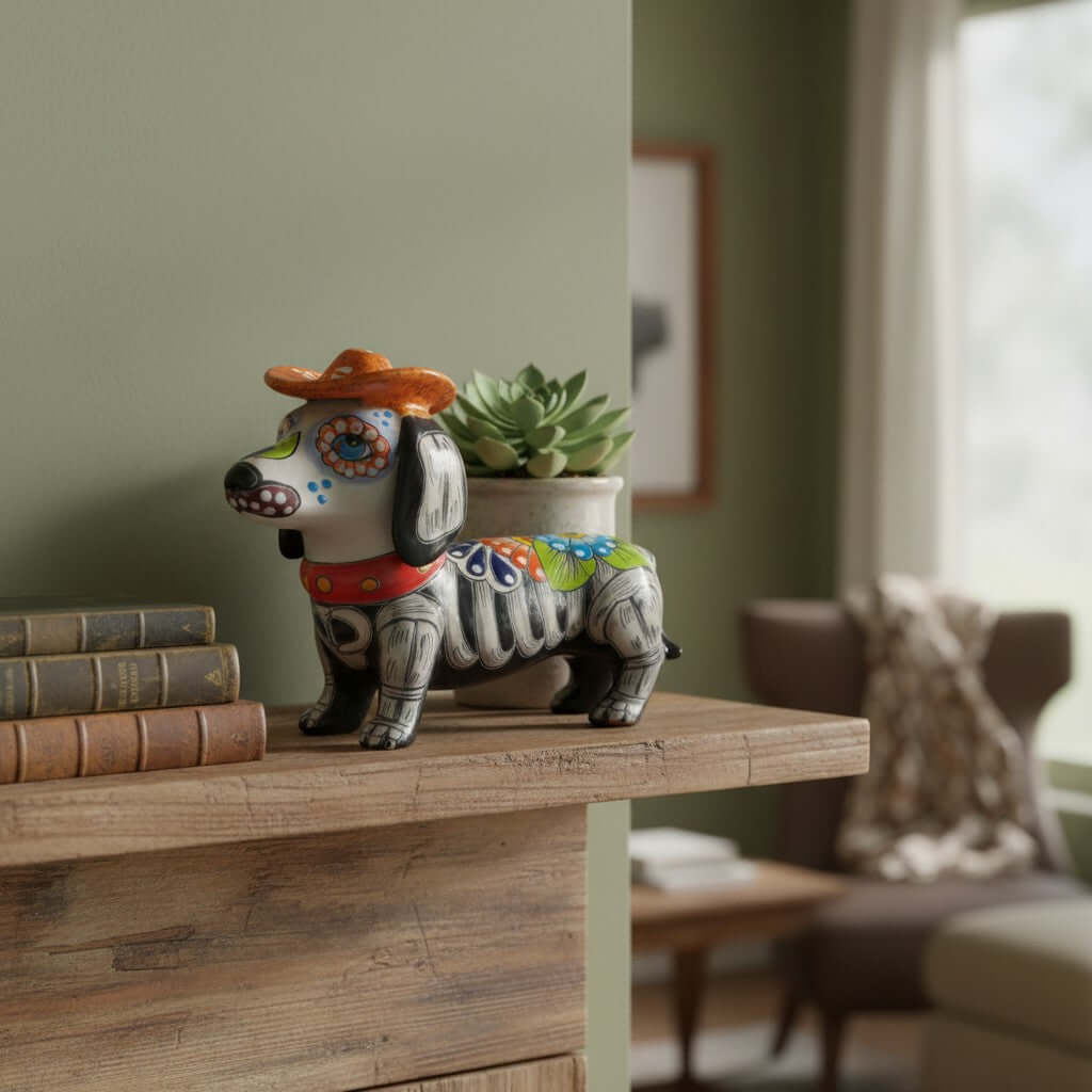 Colorful Talavera Dachshund Figurine | Mexican Folk Art