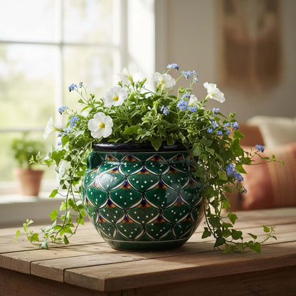 Vibrant Talavera Flower Pot | Green Peacock Design