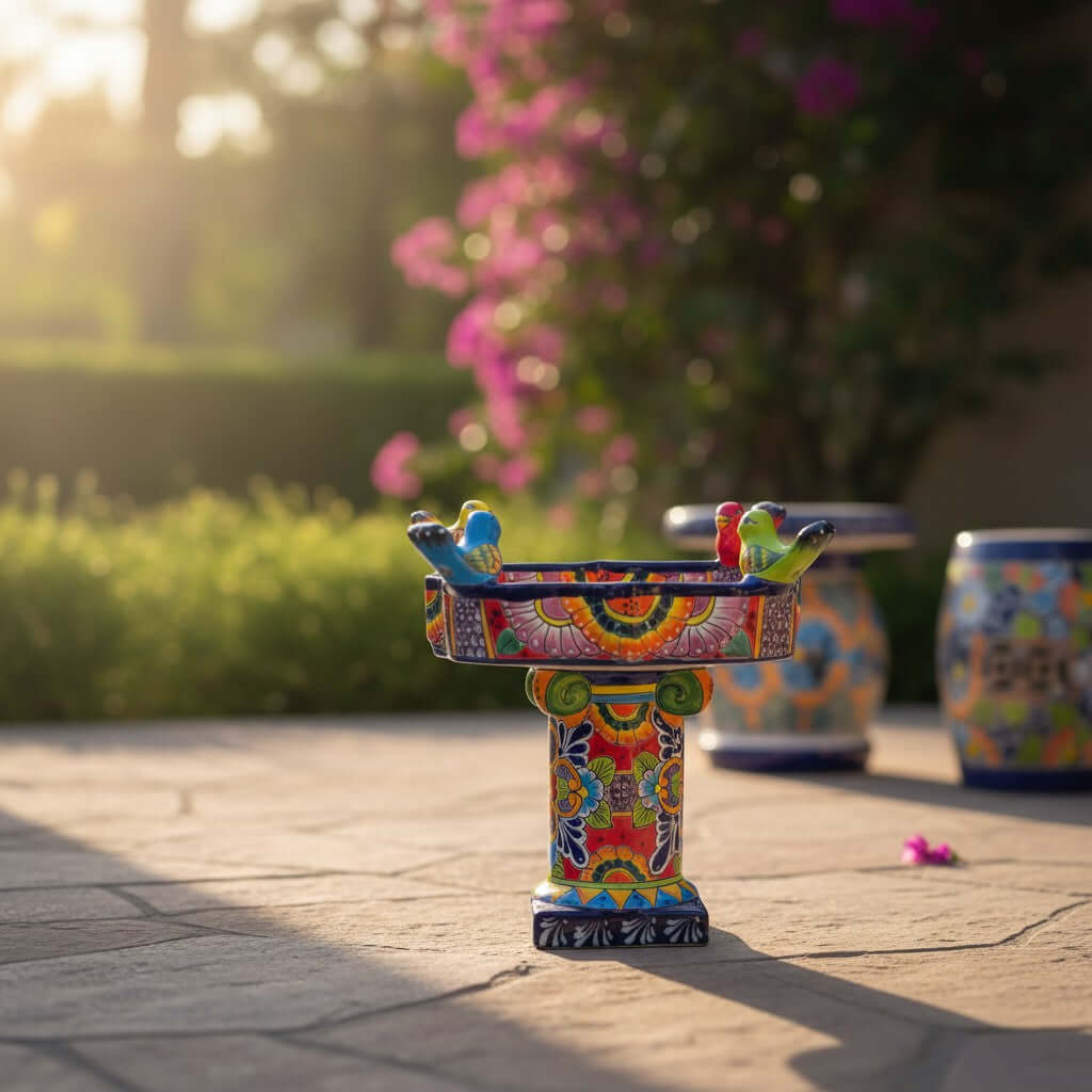 Colorful Talavera Bird Bath | Hand-Painted Ceramic Garden Art