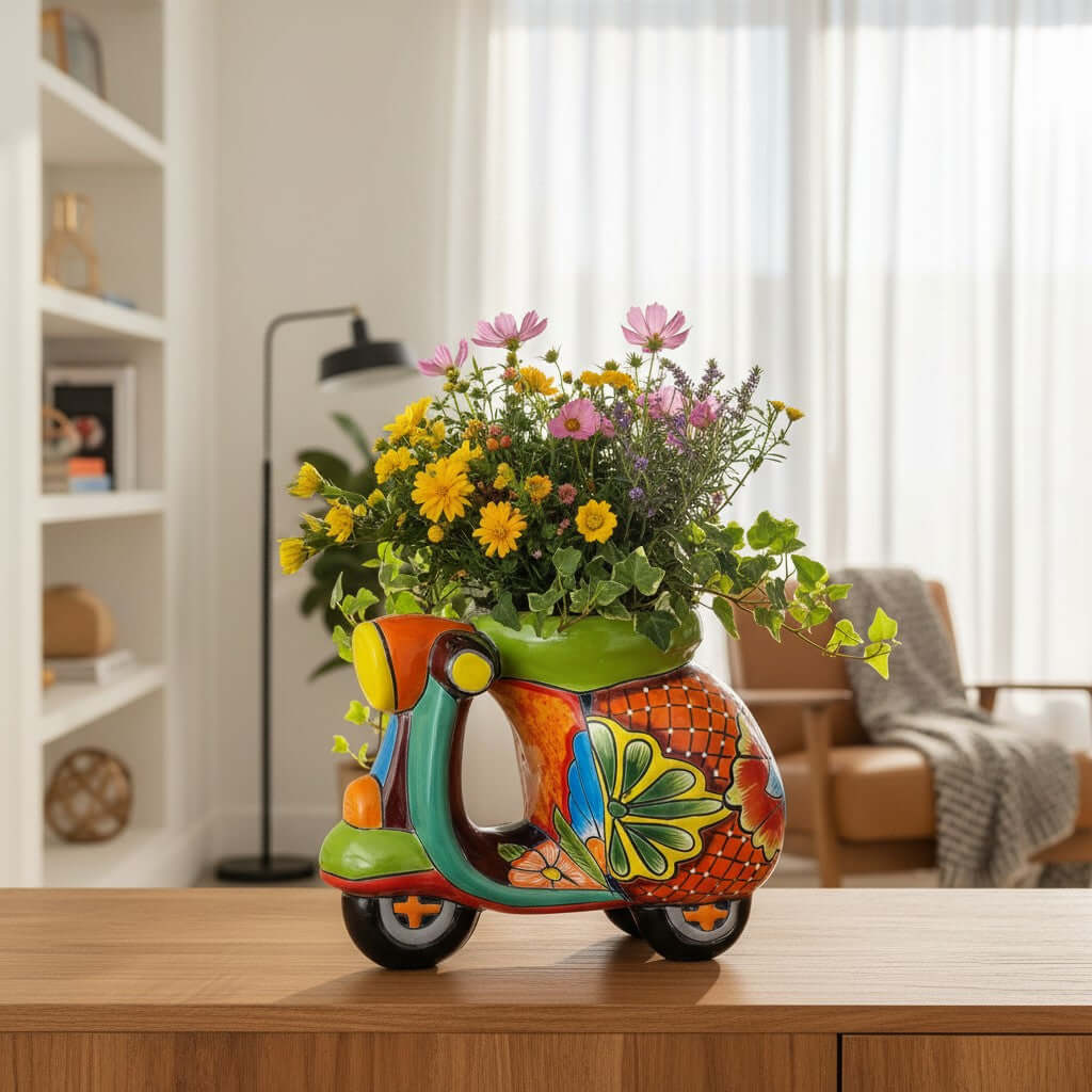 Colorful Talavera Scooter Planter | Ceramic Scooter Statue
