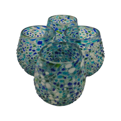 Hand-Blown Stemless Wine Glass | Blue Green Confetti Design