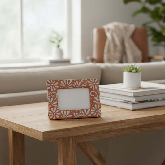 Handmade Talavera Photo Frame | Terracotta & White Design