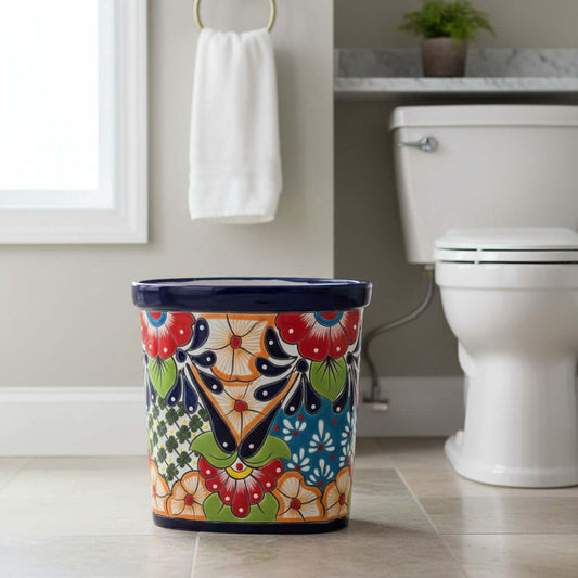 Colorful Talavera Trash Can | Handmade Mexican Waste Bin