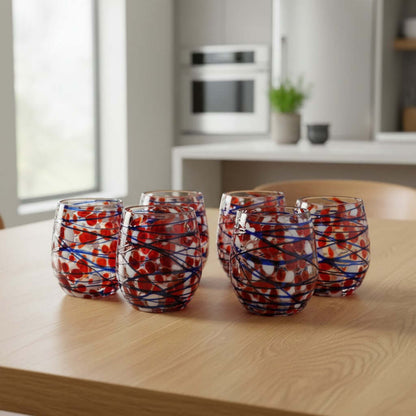 Mexican Stemless Wine Glass | Hand-Blown Orange & Blue Swirl