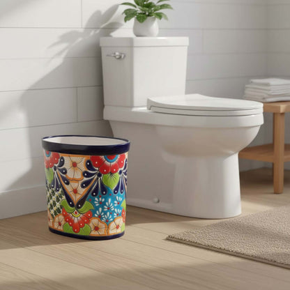 Colorful Talavera Trash Can | Handmade Mexican Waste Bin