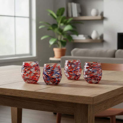 Mexican Stemless Wine Glass | Hand-Blown Orange & Blue Swirl