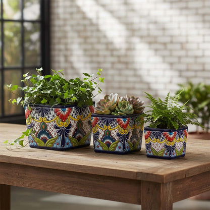 Set of 3 Hand-Painted Talavera Square Planters Set | Floral Pots