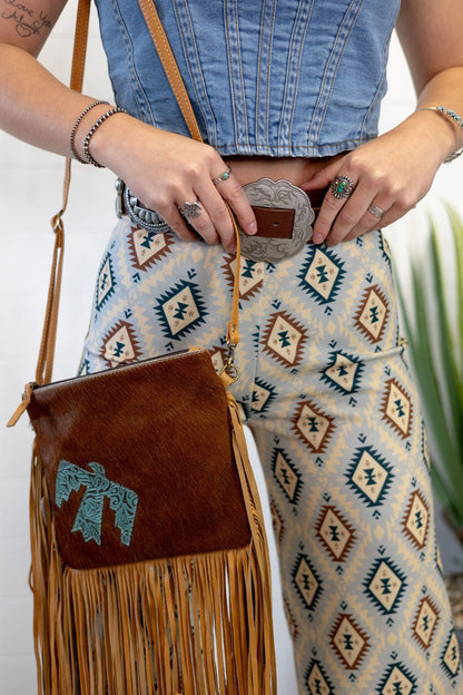 Western Thunderbird Cowhide Crossbody / Tooled Leather Clutch — Convertible Genuine Cowhide