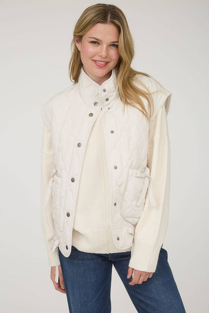 Blu Pepper Tie-Detail Snap-Button Quilted Puffer Western Vest — Mock Neckline, Functional Pockets, Multiple Colors