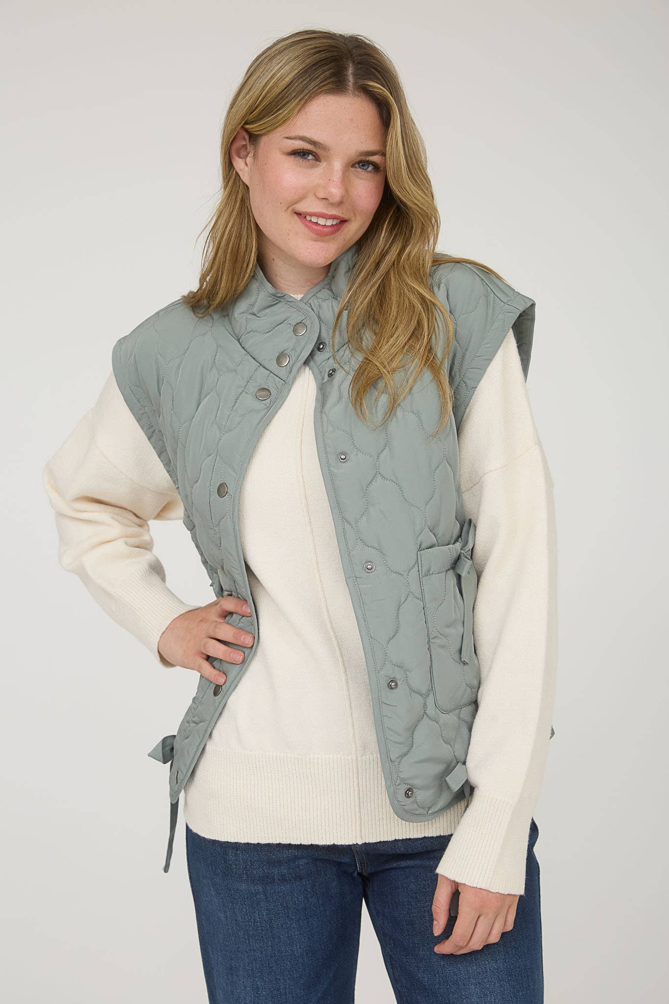 Blu Pepper Tie-Detail Snap-Button Quilted Puffer Western Vest — Mock Neckline, Functional Pockets, Multiple Colors