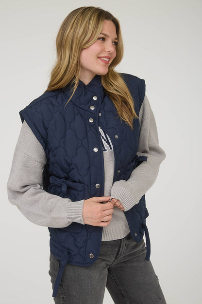 Blu Pepper Tie-Detail Snap-Button Quilted Puffer Western Vest — Mock Neckline, Functional Pockets, Multiple Colors