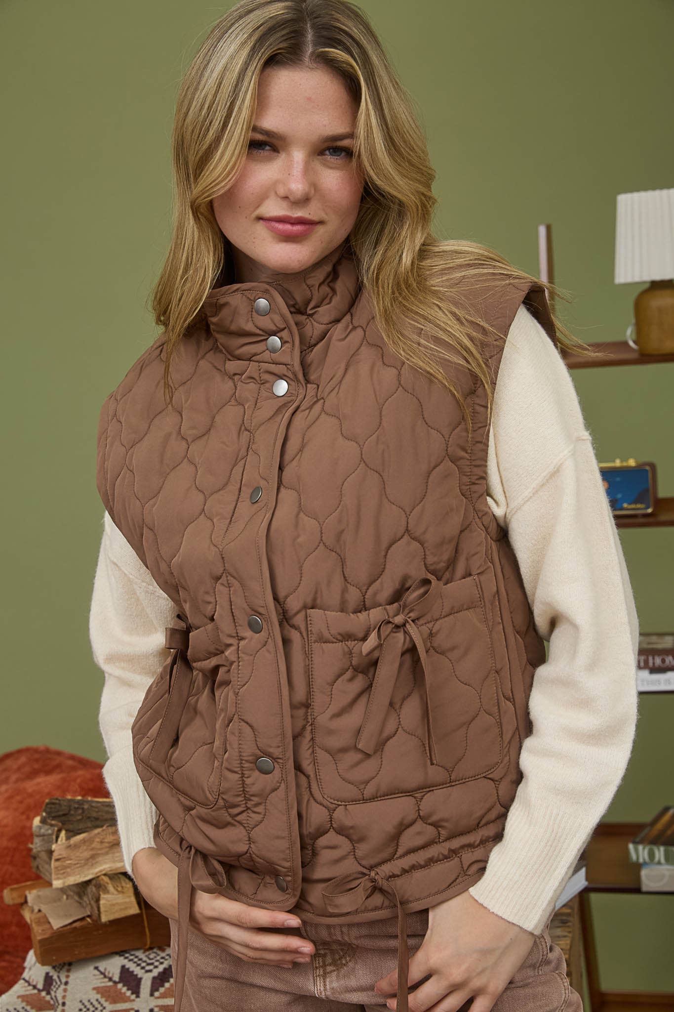 Blu Pepper Tie-Detail Snap-Button Quilted Puffer Western Vest — Mock Neckline, Functional Pockets, Multiple Colors