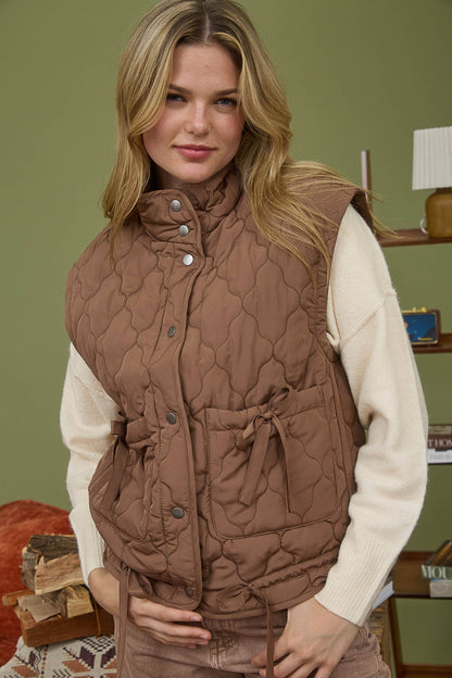 Blu Pepper Tie-Detail Snap-Button Quilted Puffer Western Vest — Mock Neckline, Functional Pockets, Multiple Colors