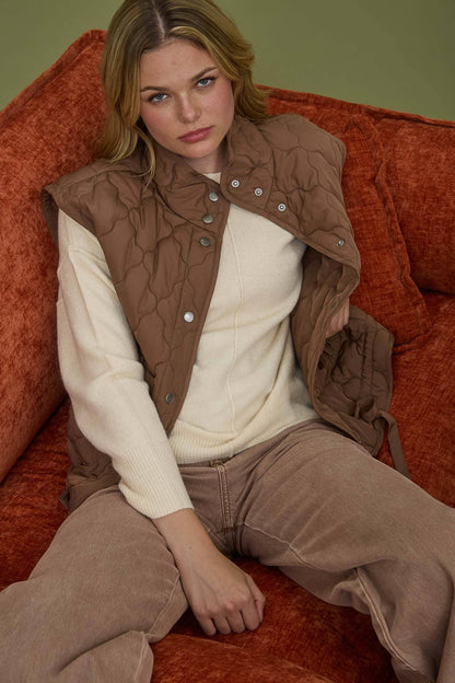 Blu Pepper Tie-Detail Snap-Button Quilted Puffer Western Vest — Mock Neckline, Functional Pockets, Multiple Colors