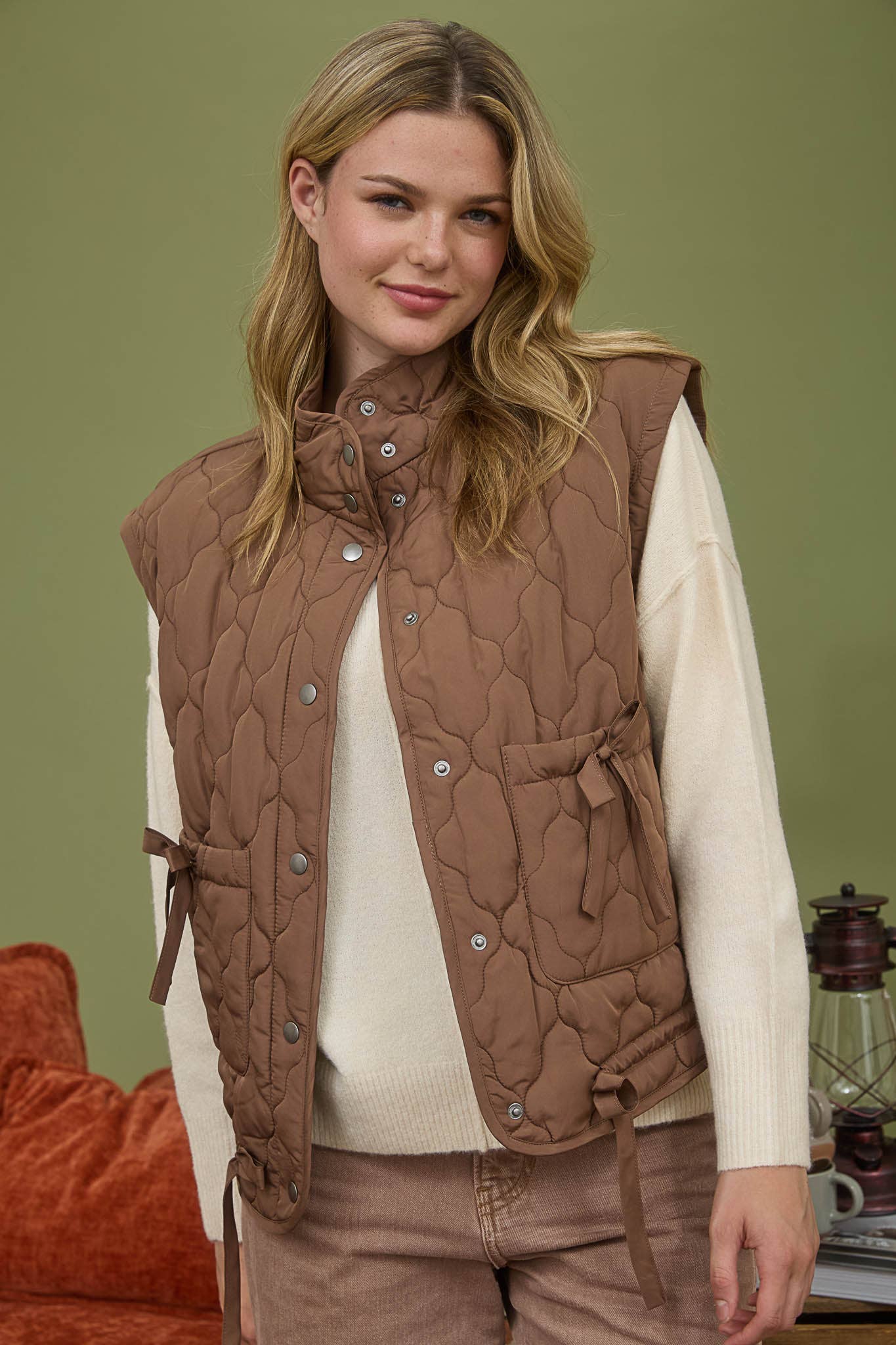 Blu Pepper Tie-Detail Snap-Button Quilted Puffer Western Vest — Mock Neckline, Functional Pockets, Multiple Colors