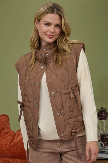 Blu Pepper Tie-Detail Snap-Button Quilted Puffer Western Vest — Mock Neckline, Functional Pockets, Multiple Colors