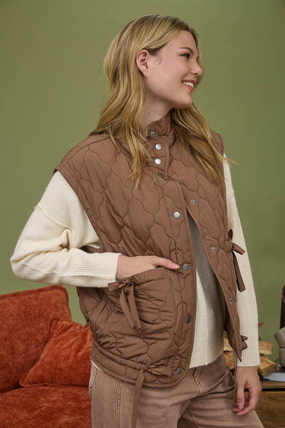 Blu Pepper Tie-Detail Snap-Button Quilted Puffer Western Vest — Mock Neckline, Functional Pockets, Multiple Colors