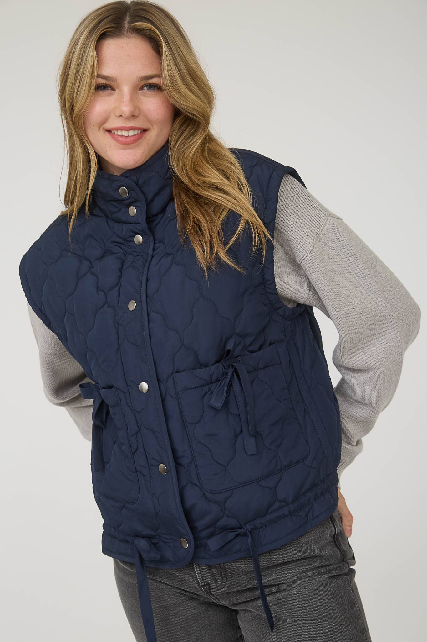 Blu Pepper Tie-Detail Snap-Button Quilted Puffer Western Vest — Mock Neckline, Functional Pockets, Multiple Colors