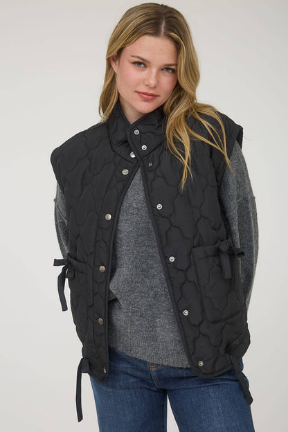 Blu Pepper Tie-Detail Snap-Button Quilted Puffer Western Vest — Mock Neckline, Functional Pockets, Multiple Colors