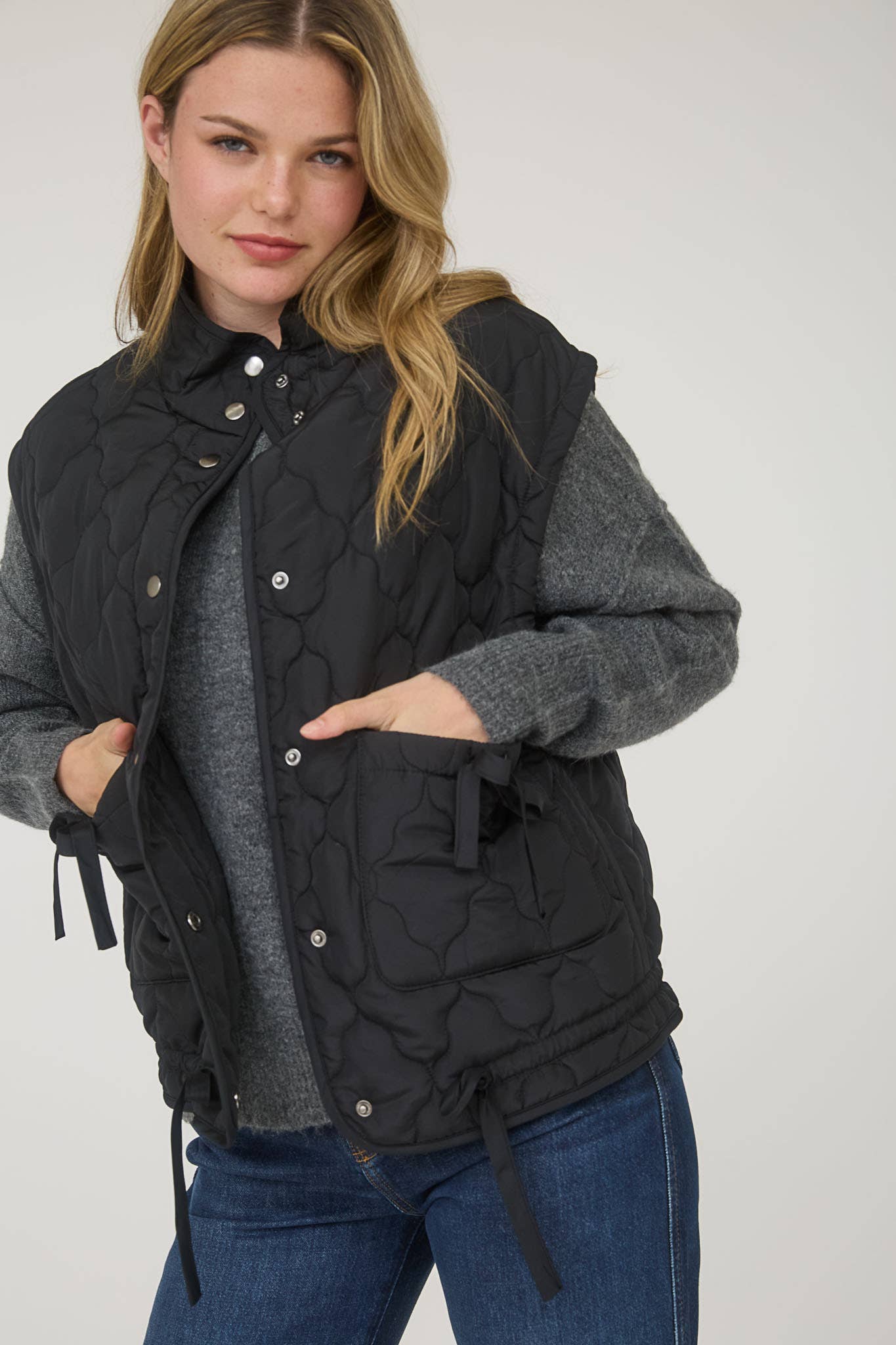 Blu Pepper Tie-Detail Snap-Button Quilted Puffer Western Vest — Mock Neckline, Functional Pockets, Multiple Colors