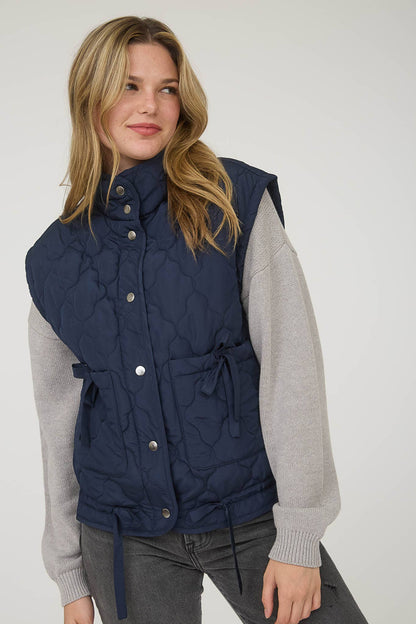Blu Pepper Tie-Detail Snap-Button Quilted Puffer Western Vest — Mock Neckline, Functional Pockets, Multiple Colors