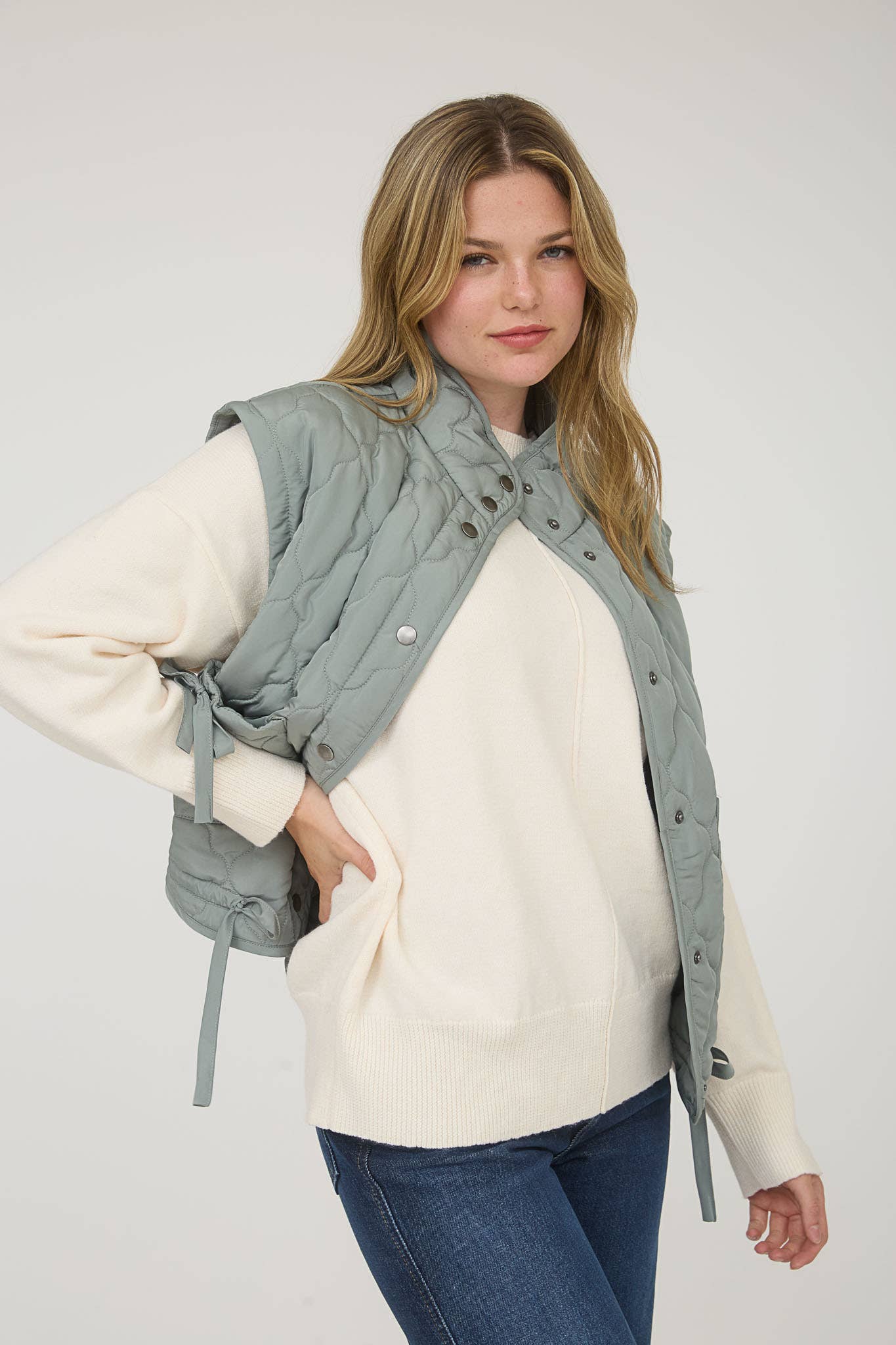 Blu Pepper Tie-Detail Snap-Button Quilted Puffer Western Vest — Mock Neckline, Functional Pockets, Multiple Colors