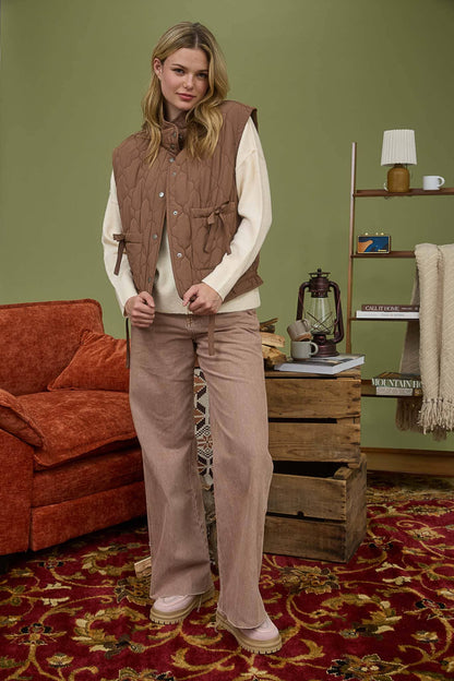Blu Pepper Tie-Detail Snap-Button Quilted Puffer Western Vest — Mock Neckline, Functional Pockets, Multiple Colors