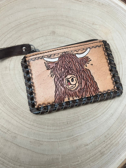 Western Tooled Leather & Cowhide Coin & Card Purse — Highland Cow Hair-on-Hide Theme (5" x 3")