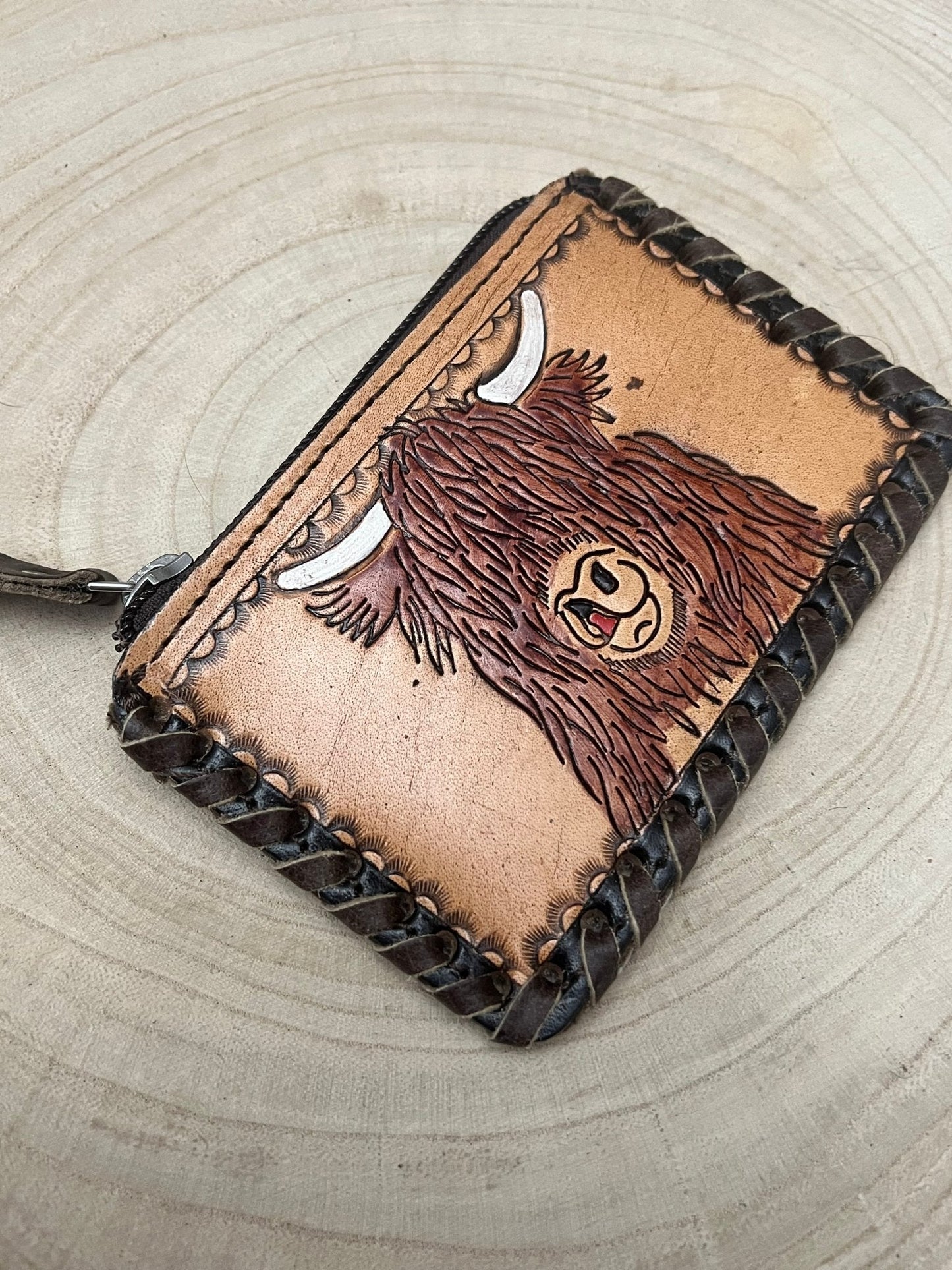 Western Tooled Leather & Cowhide Coin & Card Purse — Highland Cow Hair-on-Hide Theme (5" x 3")