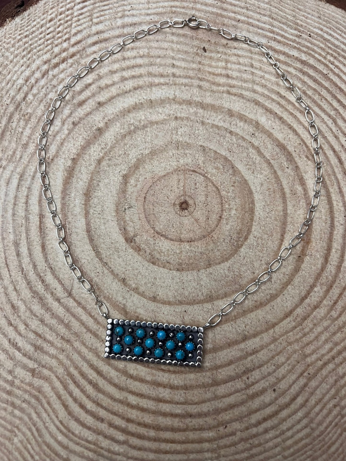 Kenny Lonjose Native American Sterling Silver Turquoise Bar Pendant Necklace — 18"