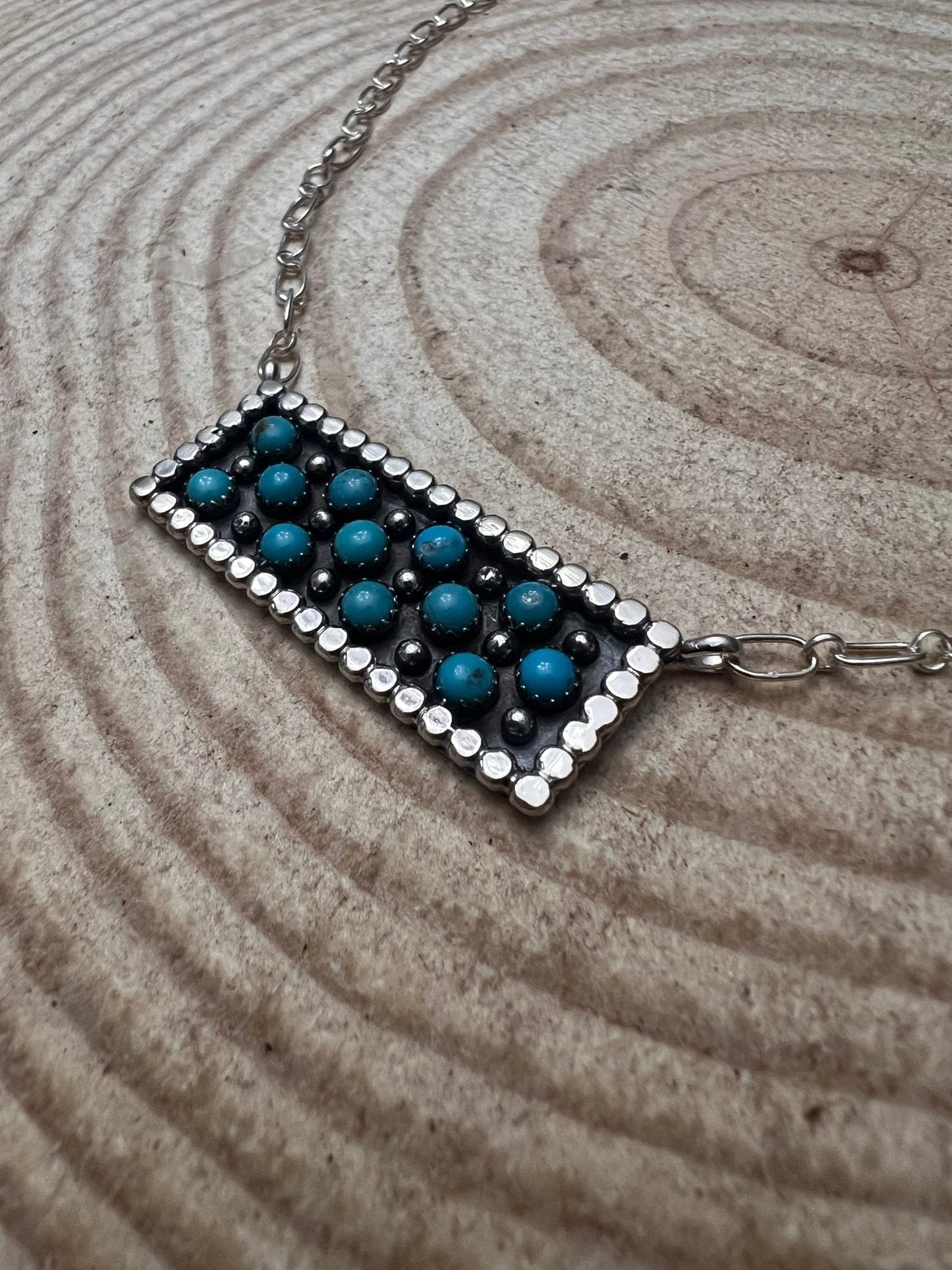 Kenny Lonjose Native American Sterling Silver Turquoise Bar Pendant Necklace — 18"