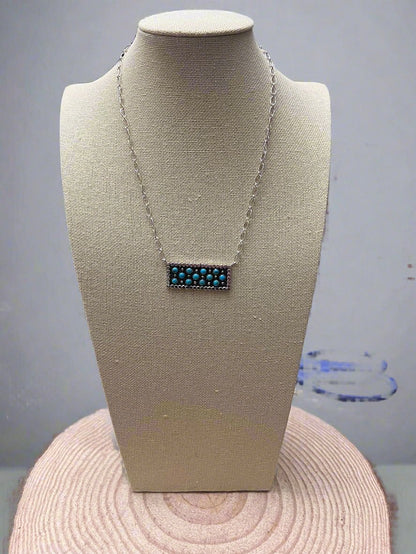 Kenny Lonjose Native American Sterling Silver Turquoise Bar Pendant Necklace — 18"