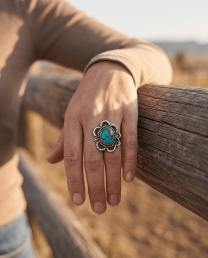 Turquoise Cabochon Sterling Silver Flower-Base Ring — Size 5