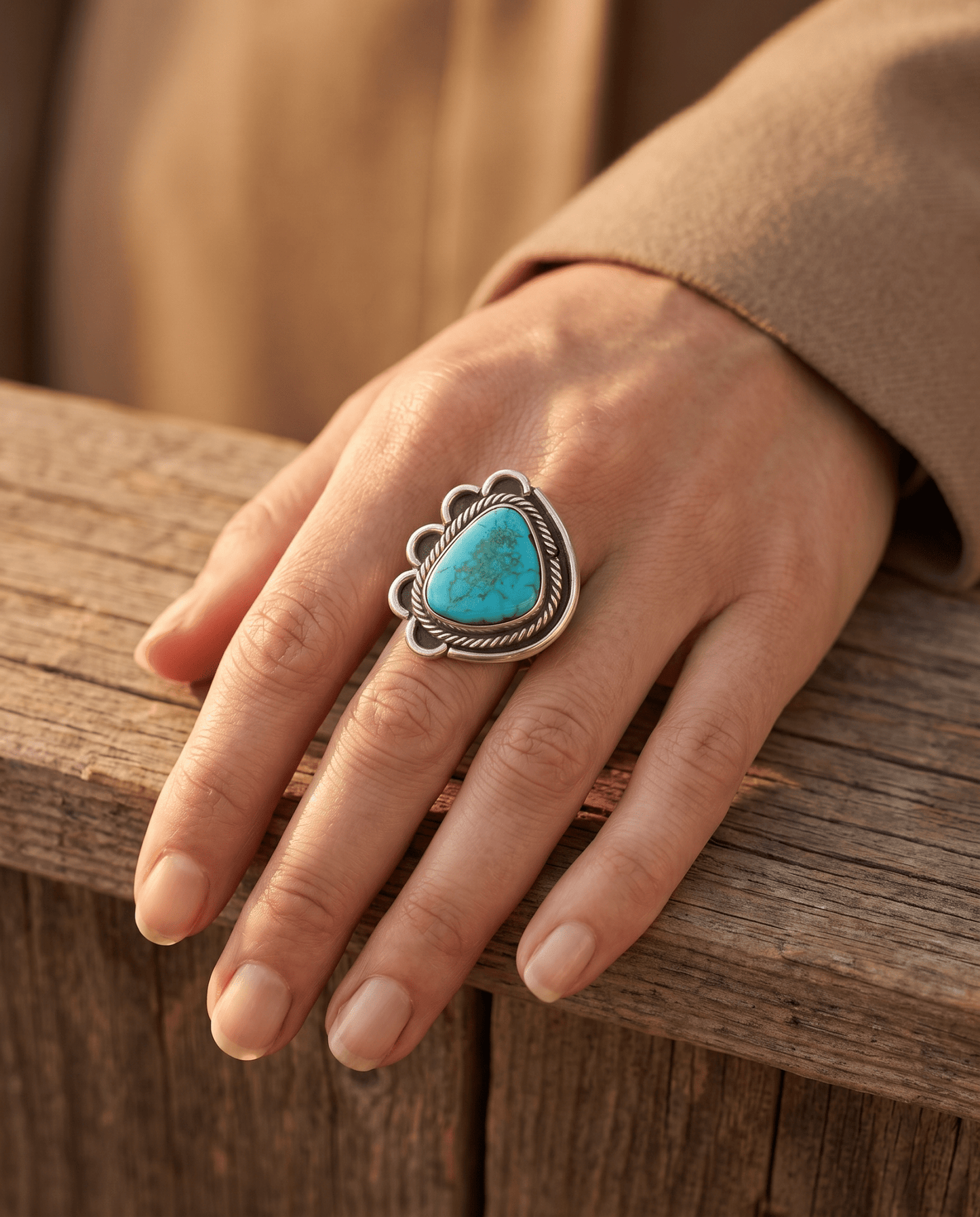 Turquoise Cabochon Sterling Silver Flower-Base Ring — Size 7