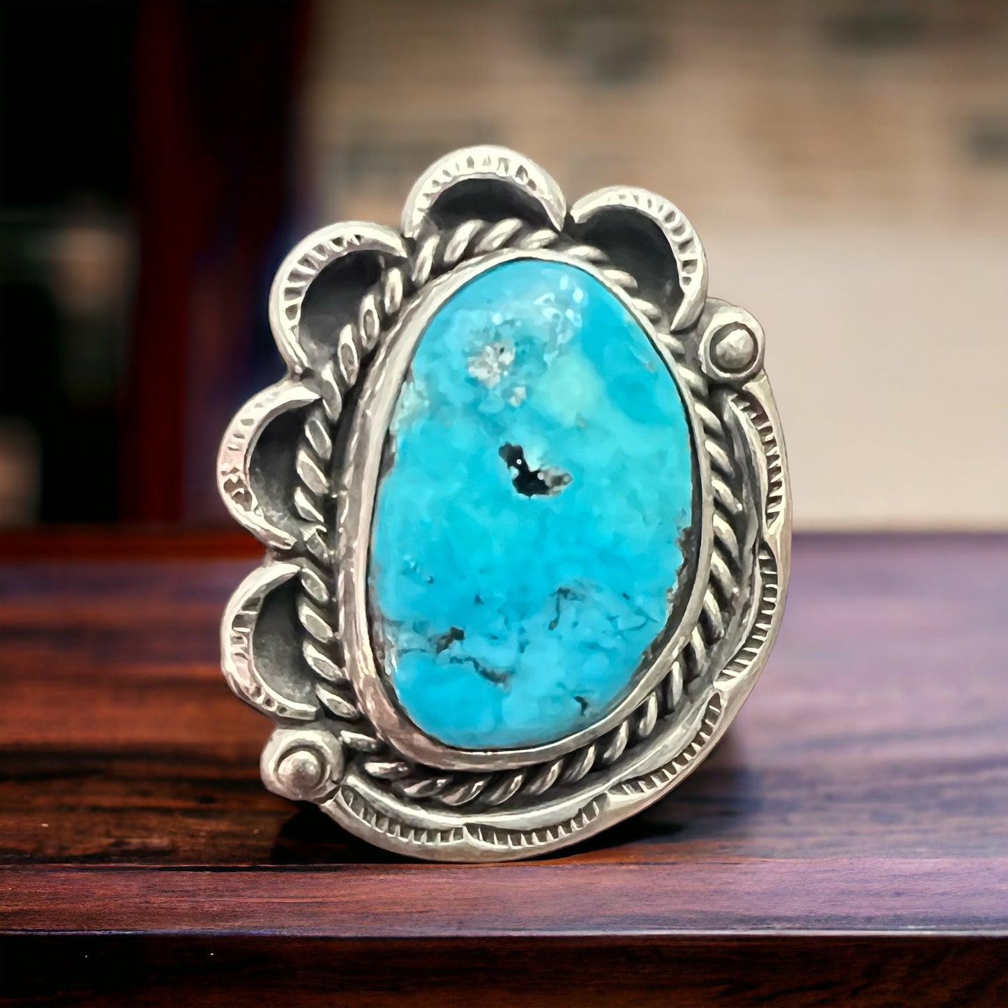 Vintage Sterling Silver Turquoise Ring — Blue Cabochon & Hand-Stamping, Size 7 (Native-Style)