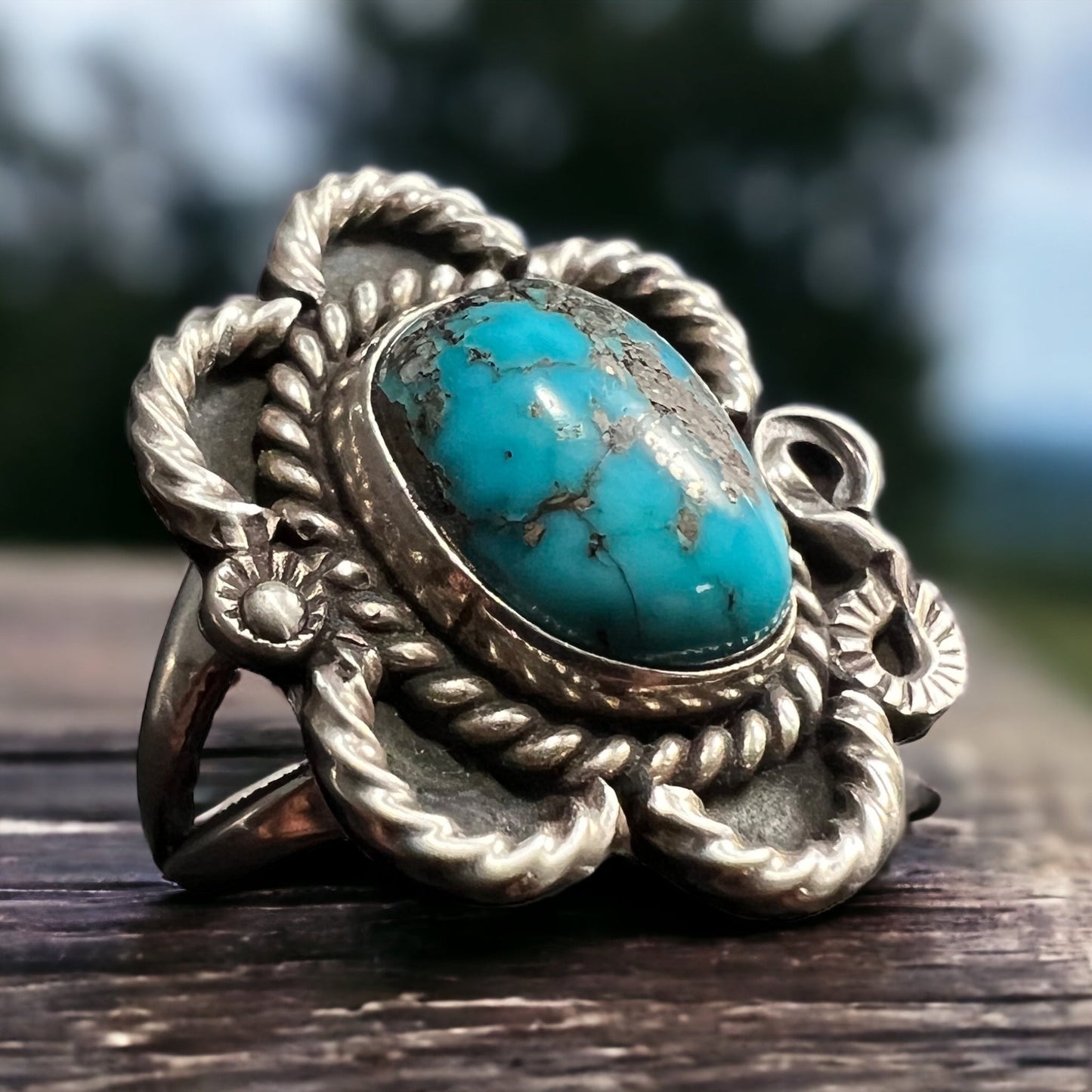Turquoise Cabochon Sterling Silver Flower-Base Ring — Size 5