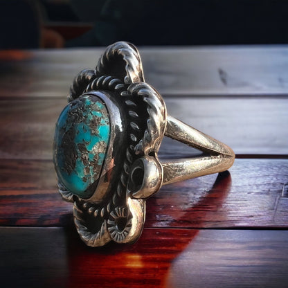 Turquoise Cabochon Sterling Silver Flower-Base Ring — Size 5