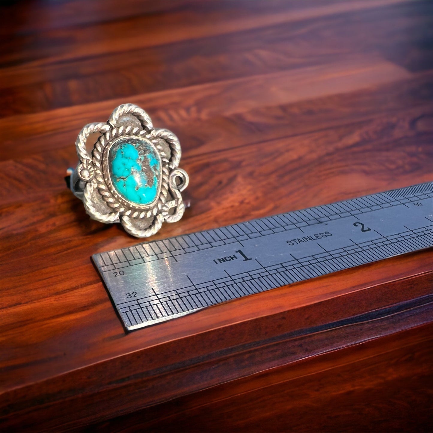 Turquoise Cabochon Sterling Silver Flower-Base Ring — Size 5