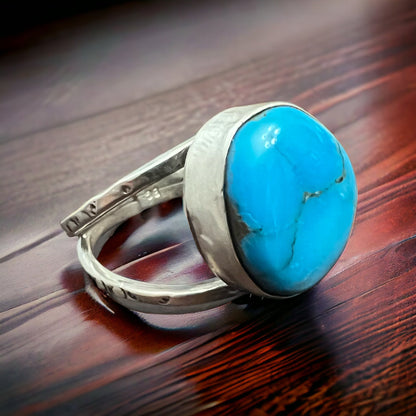 Turquoise Cabochon Sterling Silver Split-Band Statement Ring — Size 12.5
