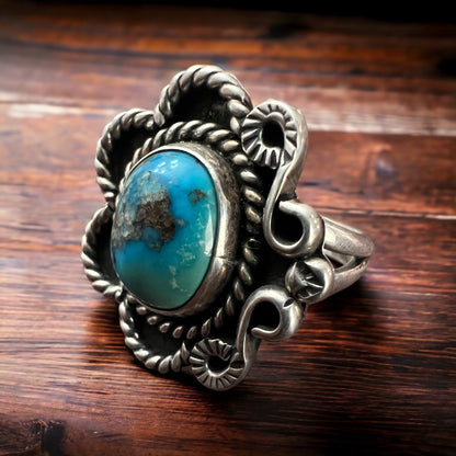 Hand-Stamped Sterling Silver Turquoise Ring — Size 5 (Native-Style)