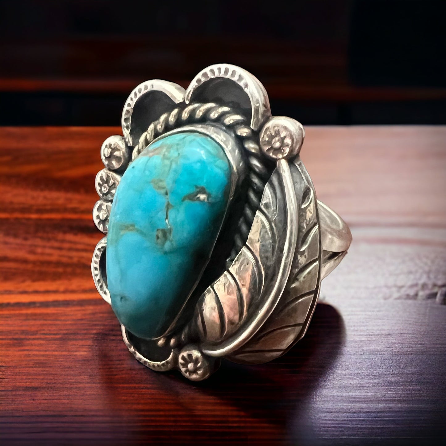 Vintage Sterling Silver Turquoise Ring with Sterling Leaf & Hand-Stamping — Size 7.5 (Native-Style)