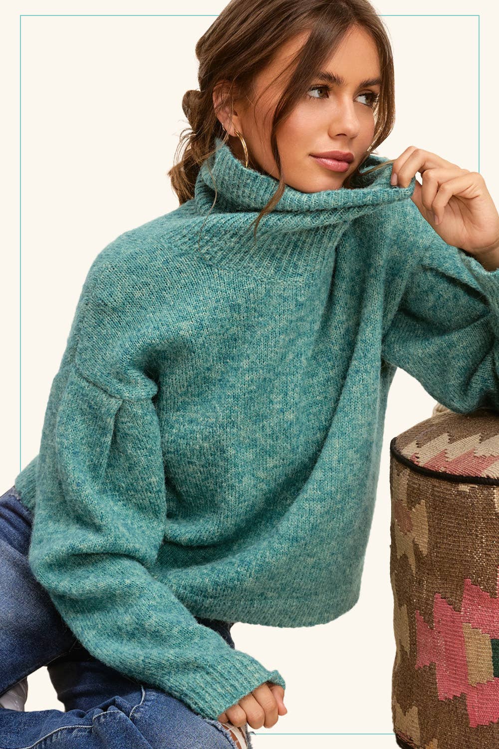 La Miel Loose-Fit Turtleneck Pin-Tuck Long Sleeve Western Sweater — Drop Shoulder Cozy Layering (small remaining)