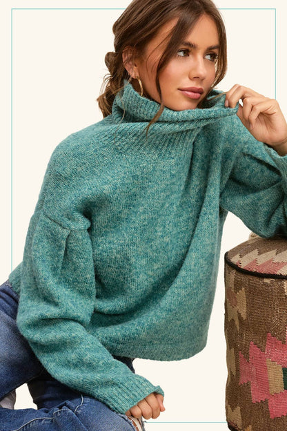 La Miel Loose-Fit Turtleneck Pin-Tuck Long Sleeve Western Sweater — Drop Shoulder Cozy Layering (small remaining)
