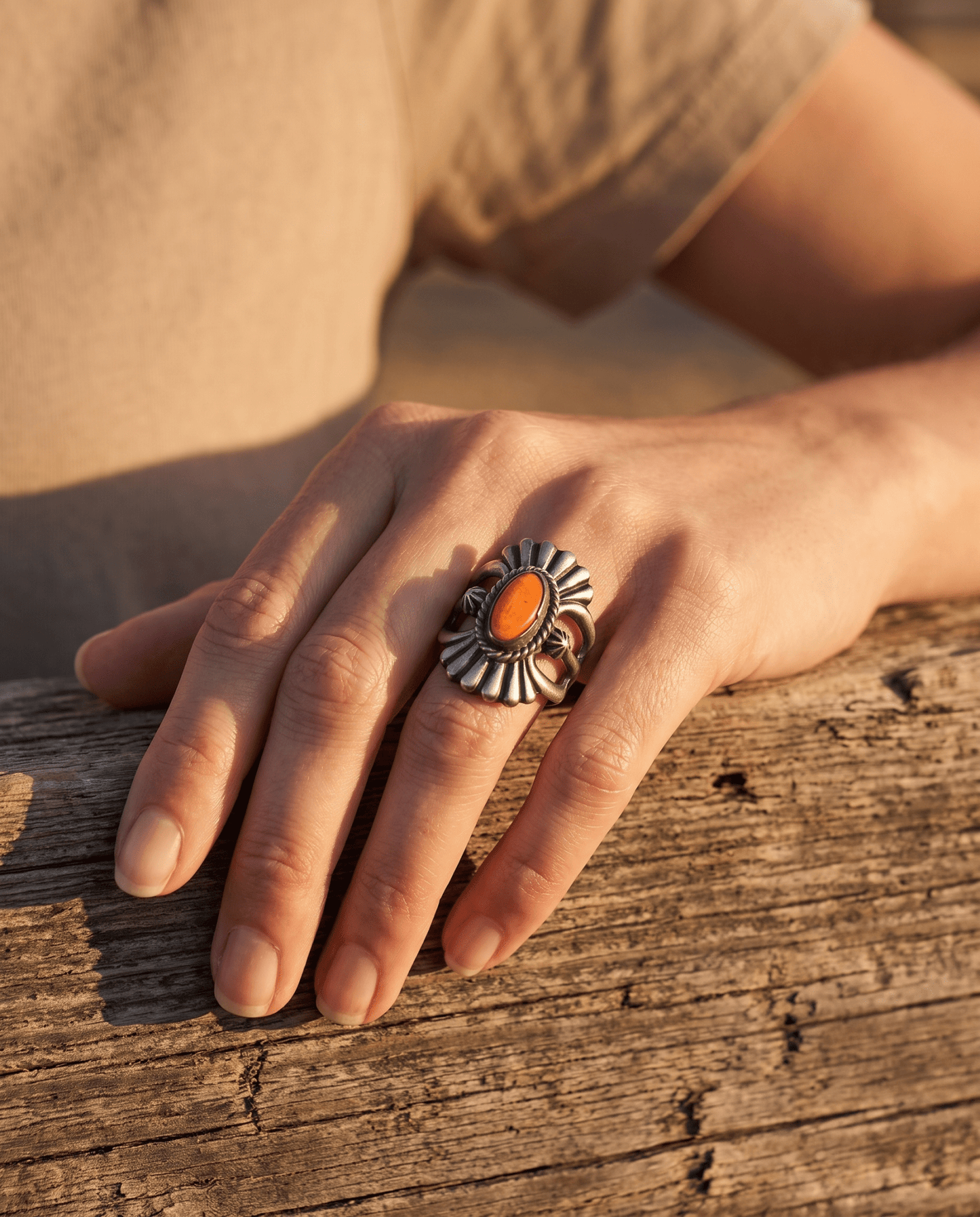 Victor Coriz Navajo Sandcast Sterling Silver Ring with Orange Spiny Oyster — Size 8.5 (Thunderbird)