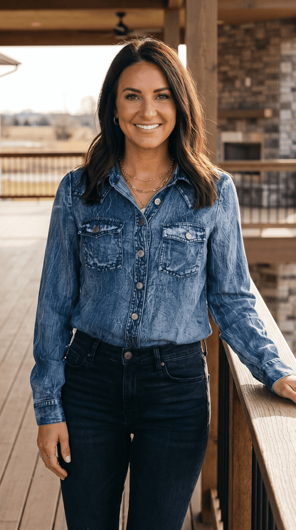 LUCKY & BLESSED Vintage Blue Washed Western Denim Shirt — Concho Button Tencel Cowgirl Statement