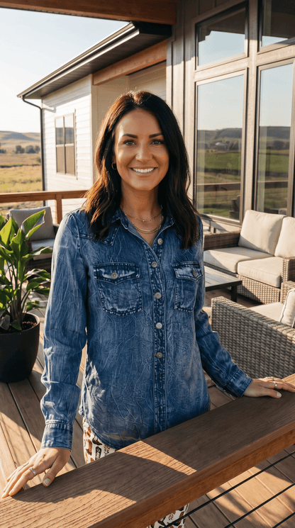 LUCKY & BLESSED Vintage Blue Washed Western Denim Shirt — Concho Button Tencel Cowgirl Statement