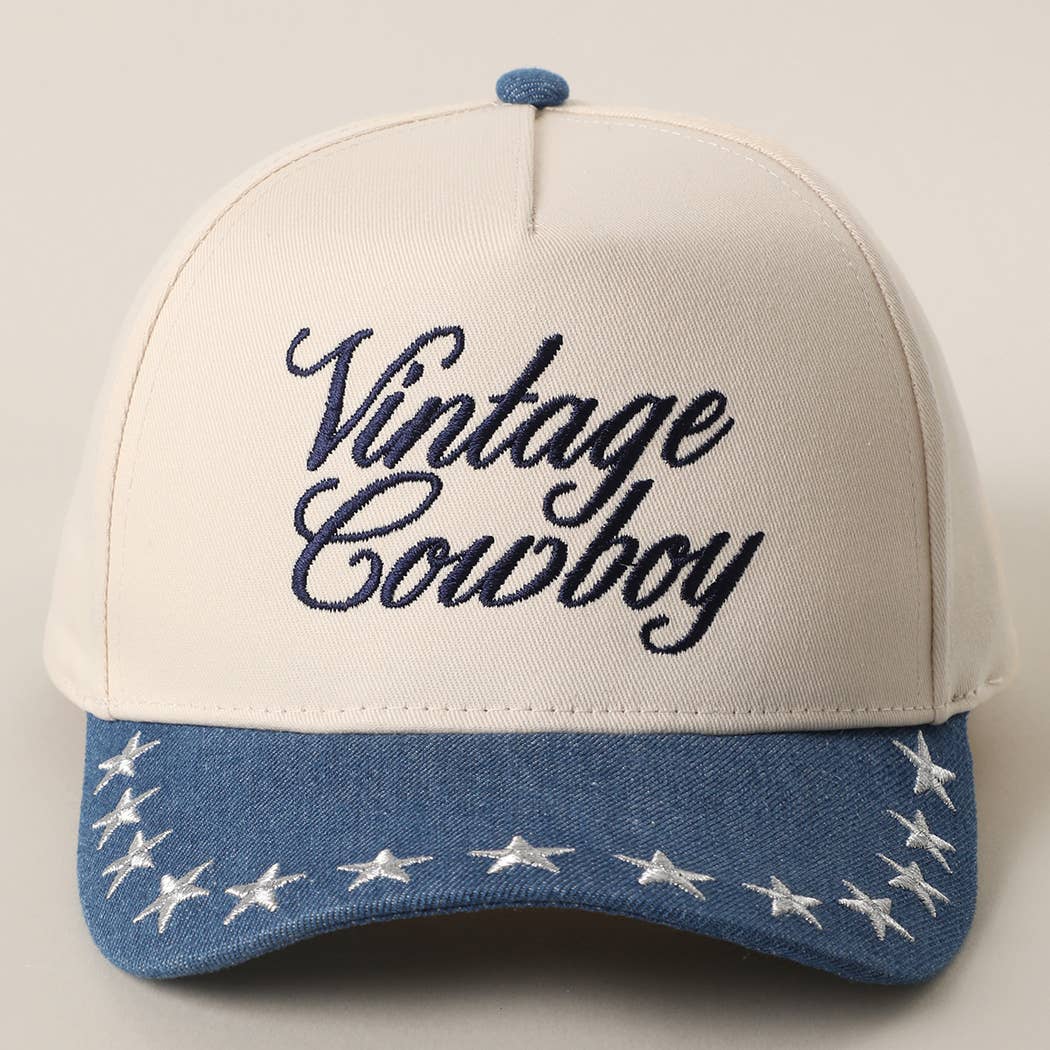 "Vintage Cowboy" Embroidered Star Brim Trucker Hat — Denim Brim with 5-Panel Cotton Construction