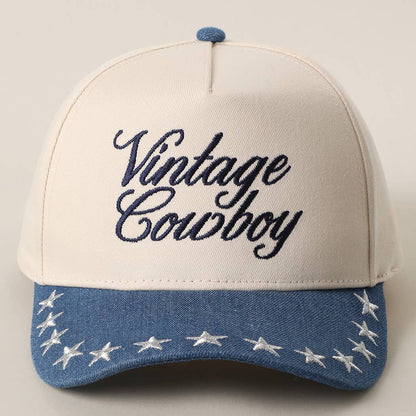 "Vintage Cowboy" Embroidered Star Brim Trucker Hat — Denim Brim with 5-Panel Cotton Construction