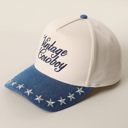 "Vintage Cowboy" Embroidered Star Brim Trucker Hat — Denim Brim with 5-Panel Cotton Construction