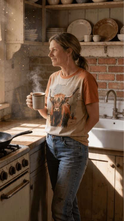 Vintage Highland Cow Western Graphic Tee — Durable Gildan Blend Weathered Western Statement